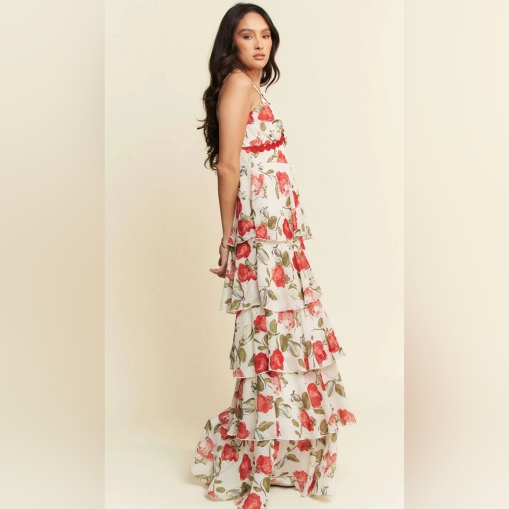 Davi & Dani Boutique Red Rose Layered Maxi Cami Floral Dress - Plus Size 3XL